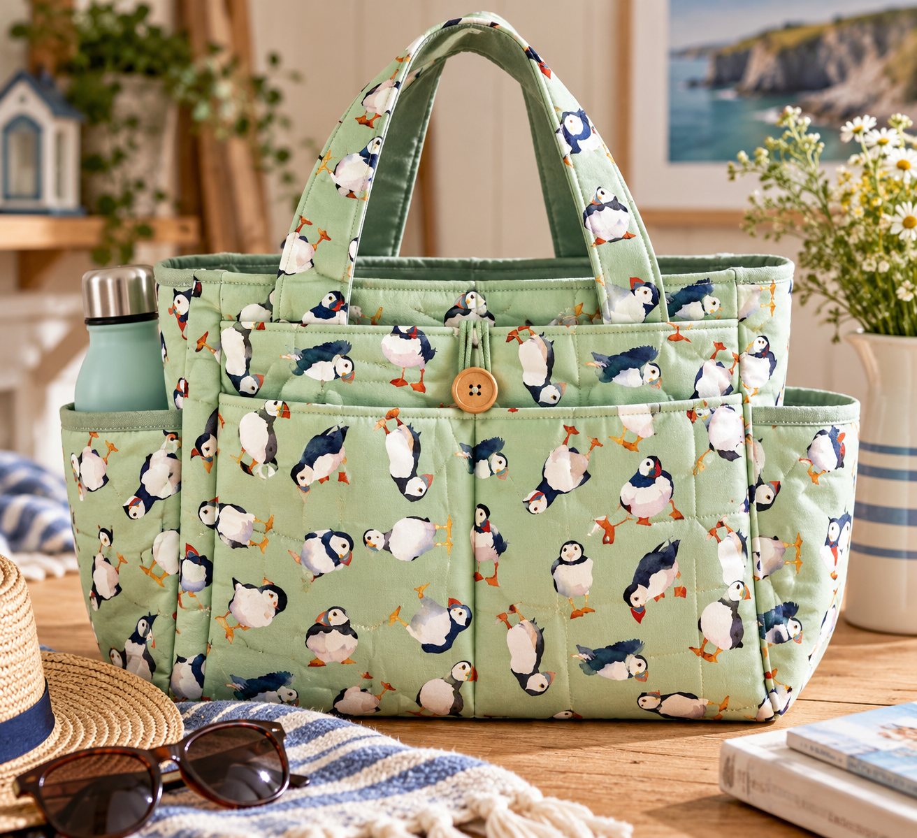 Nutex 82290 Coastal By Emma Ball Colour 104 Fun Whimsical Seaside Puffin Sage Green 100% Cotton Fabric For Sewing & Crafts (Nutex Coastal 4)