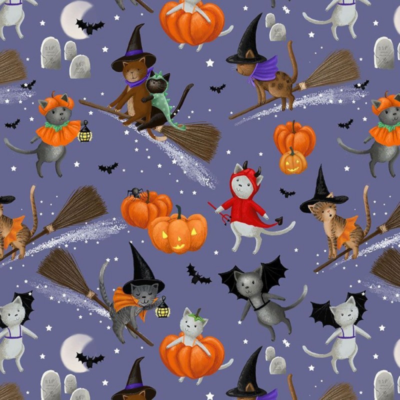 Dear Stella STELLA D3121 WISTERIA – Purranormal Halloween Cat 100% Cotton Fabric for Sewing & Crafts (DS Purranormal 1)