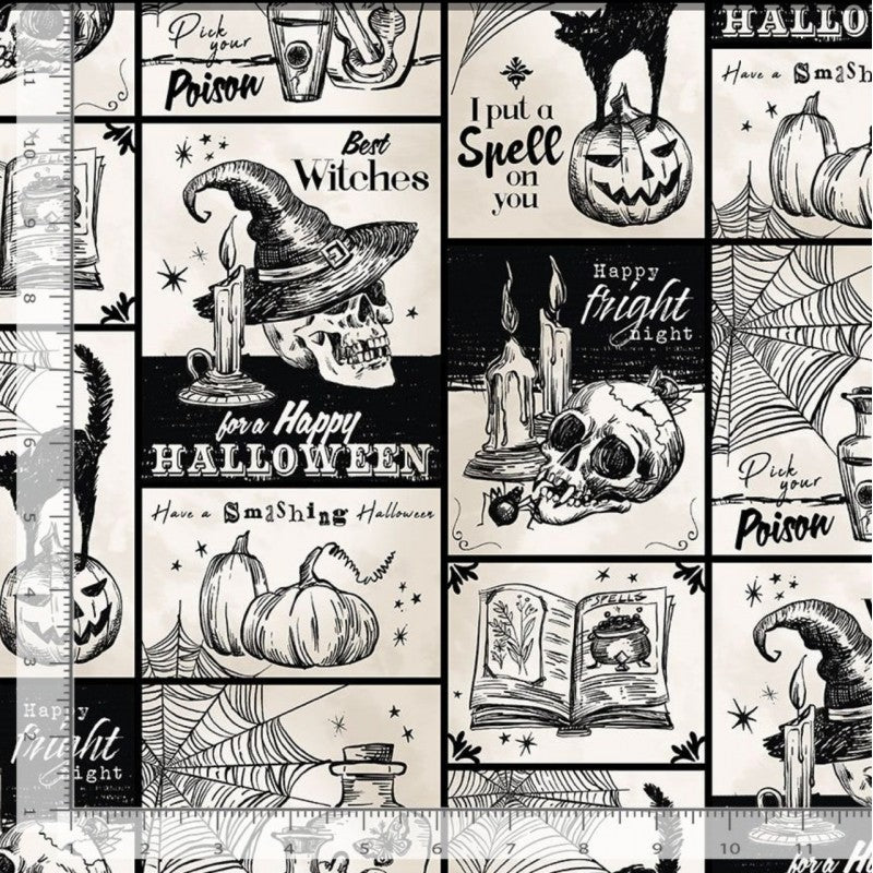 Timeless Treasures Halloween Trick Or Treat Block Spooky Cream Remnant (43cm x 112cm TT Pick Your Poison 3)