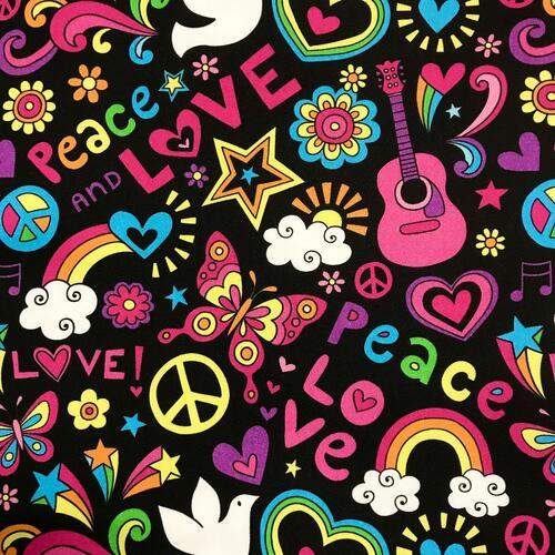 Quirky Cottons Groovy Guitar Star Heart Butterfly Peace Sign Black (QC Peace & Love- 1 METRE PIECE)