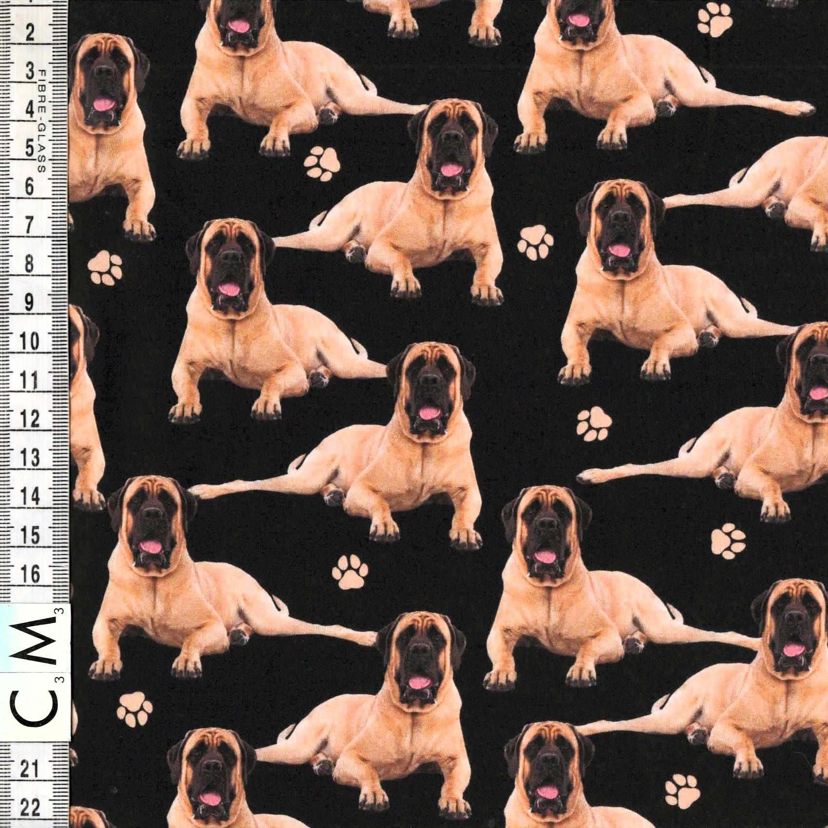 Quirky Cottons Powerful Loyal Mastiff Dog Breed Paw Prints Black (QC English Bull Mastiff- 1 METRE PIECE)