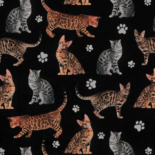 Quirky Cottons Paw Prints Feline Cat Stripes Breed Pet Black (QC Bengal-1 METRE PIECE)