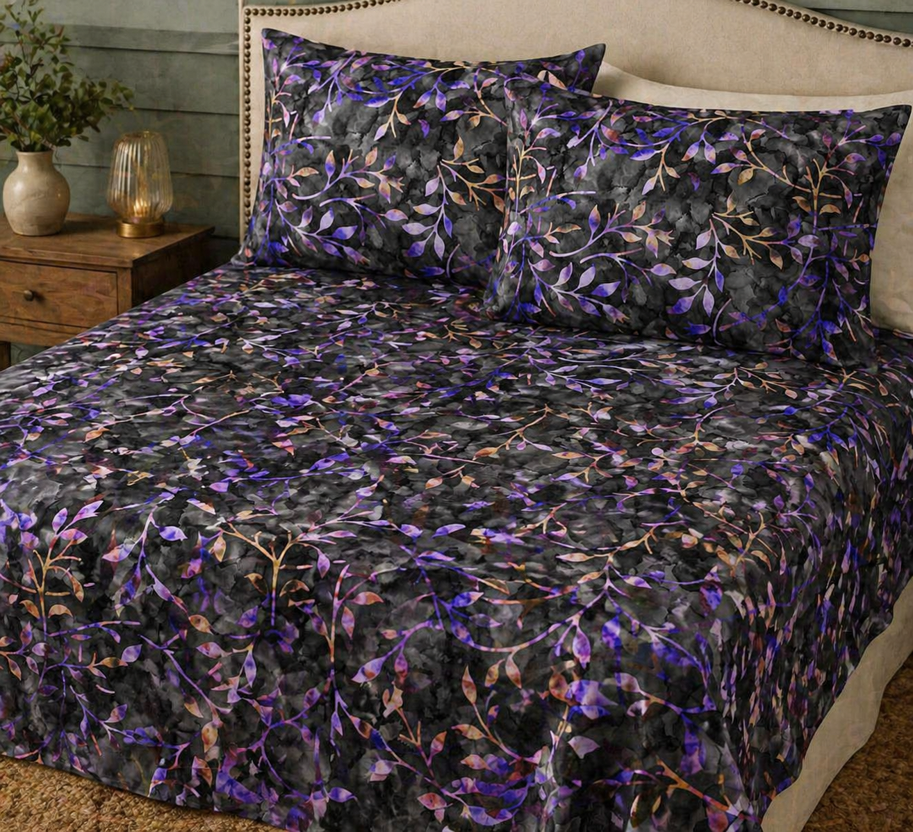 Crafty By Chatham Glyn CC305 BATIK TRAIL 05 100% Cotton Digital Extra Wide Fabric – Purple Leaf Vine Batik Craft Cotton on Charcoal Background (CC Batik Trail 5)