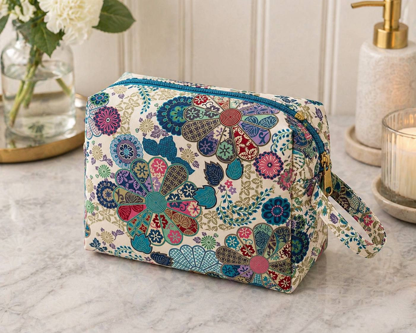 A rectangular fabric cosmetic pouch with a colorful floral and butterfly pattern on a cream background, sitting on a marble countertop with home decor props in the background.