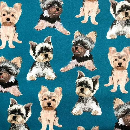 Quirky Cottons Small Dog Breed Yorkie Animal Blue Teal Remnant (35cm x 156cm QC Yorkshire Terrier)