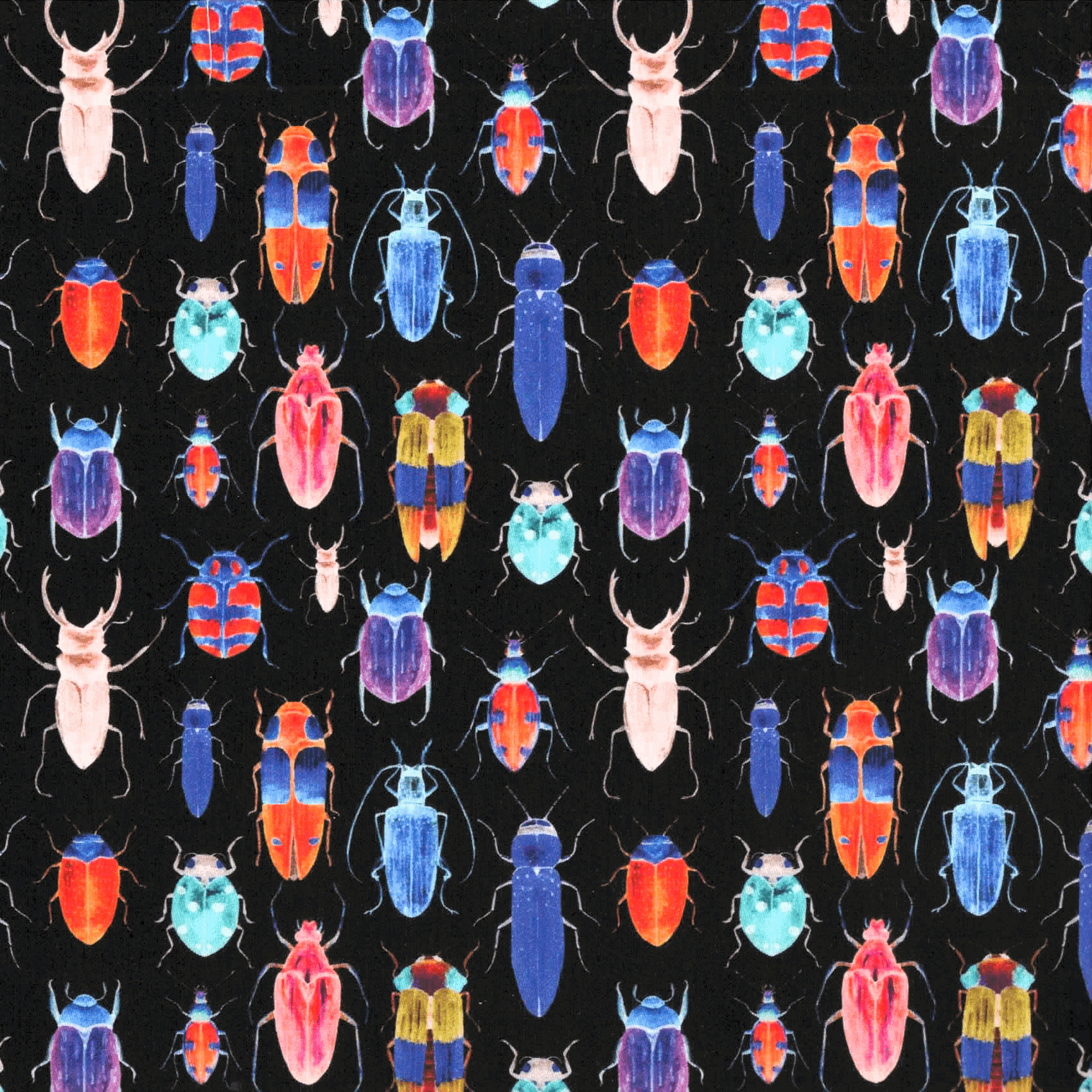 Quirky Cottons Bright Rainbow Stag Beetles Insects Animal Creatures Black (QC Bugs Are Us!- 1 METRE PIECE)