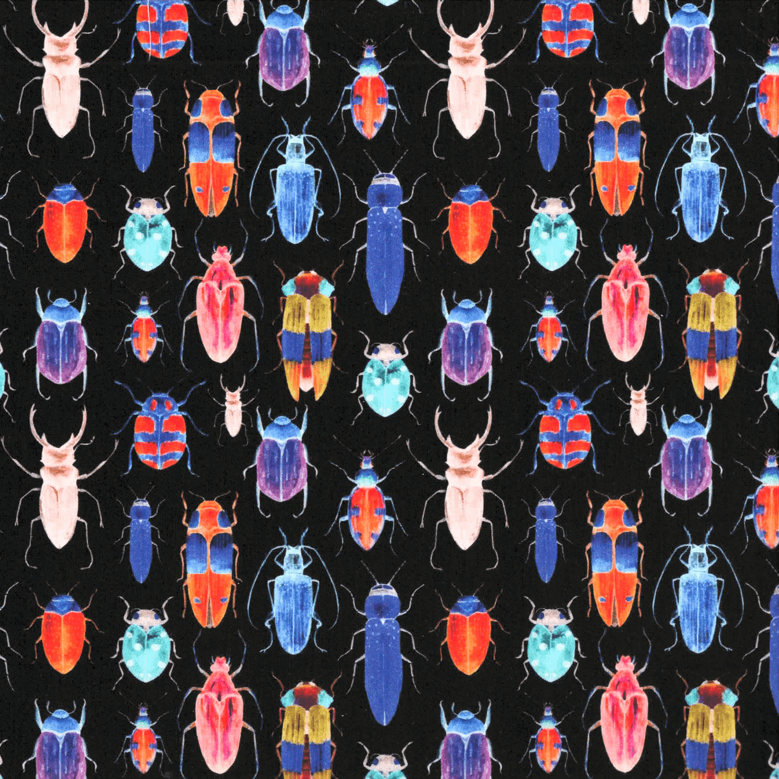 Quirky Cottons Bright Rainbow Stag Beetles Insects Animal Creatures Black (QC Bugs Are Us!- 1 METRE PIECE)