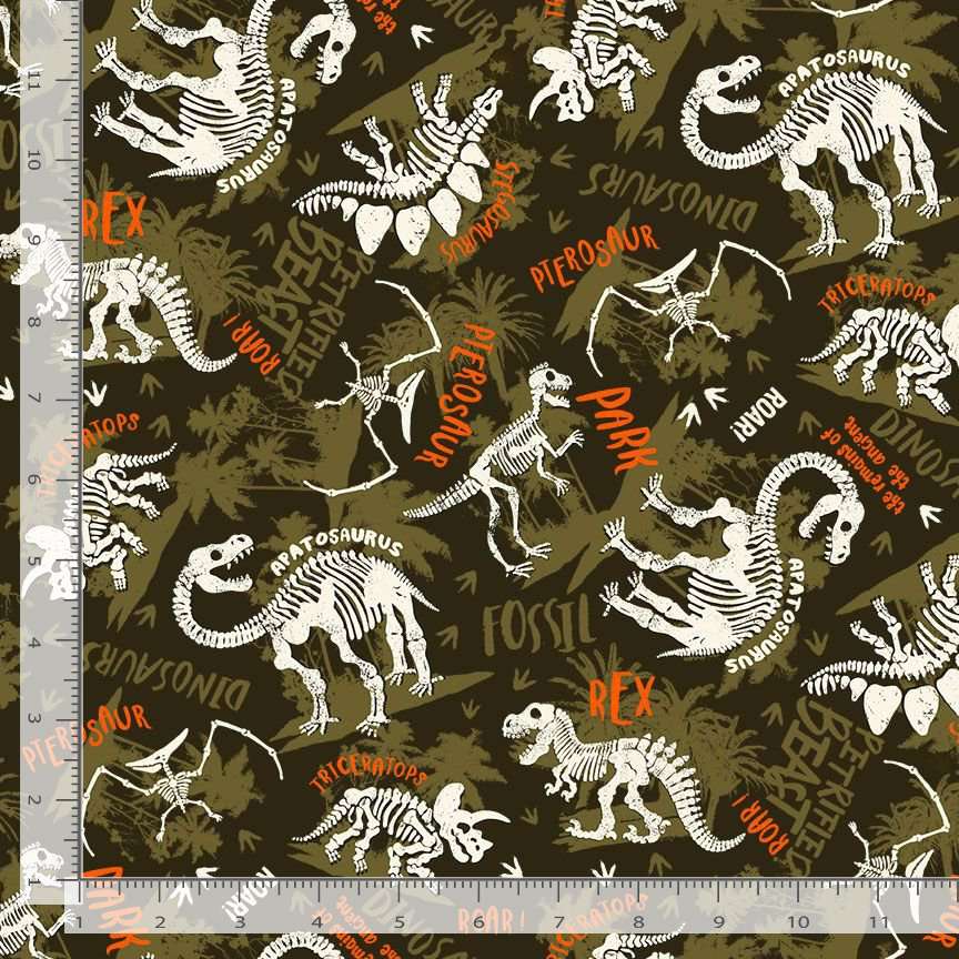 Timeless Treasures Prehistoric Animals Extinct Dinosaurs Skeletons Names Childrens Camo Green (TT Dinosaurs 1)