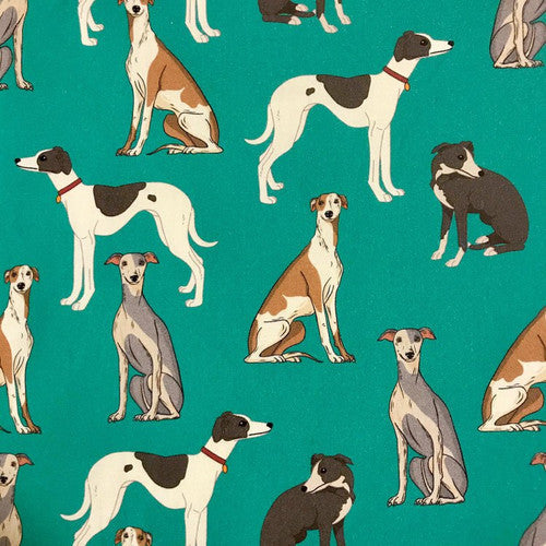 Quirky Cottons Sighthound Dog Breed Whippet Green Remnant (53cm x 127cm QC Whippets)