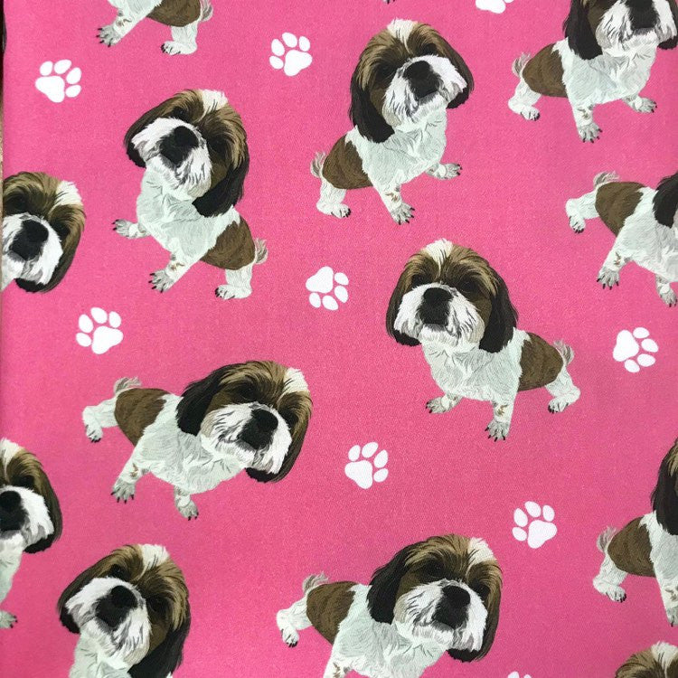 Quirky Cottons Small Toy Dog Breed Paw Prints Pink Remnant (30cm x 156cm QC Shih Tzu)