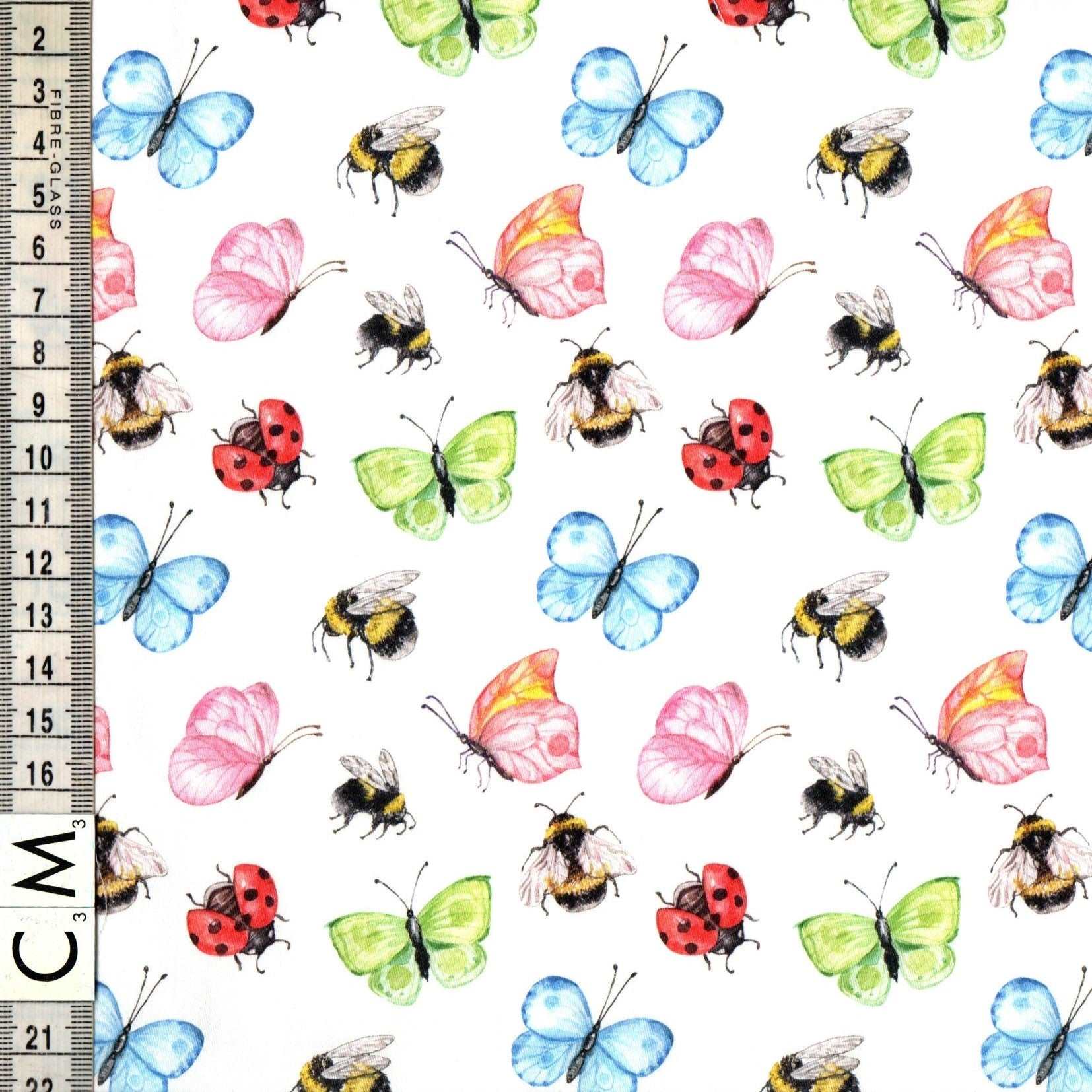 Quirky Cottons Butterflies Bees Ladybirds Animals White Remnant (31cm x 156cm QC Butterflies & Bees)