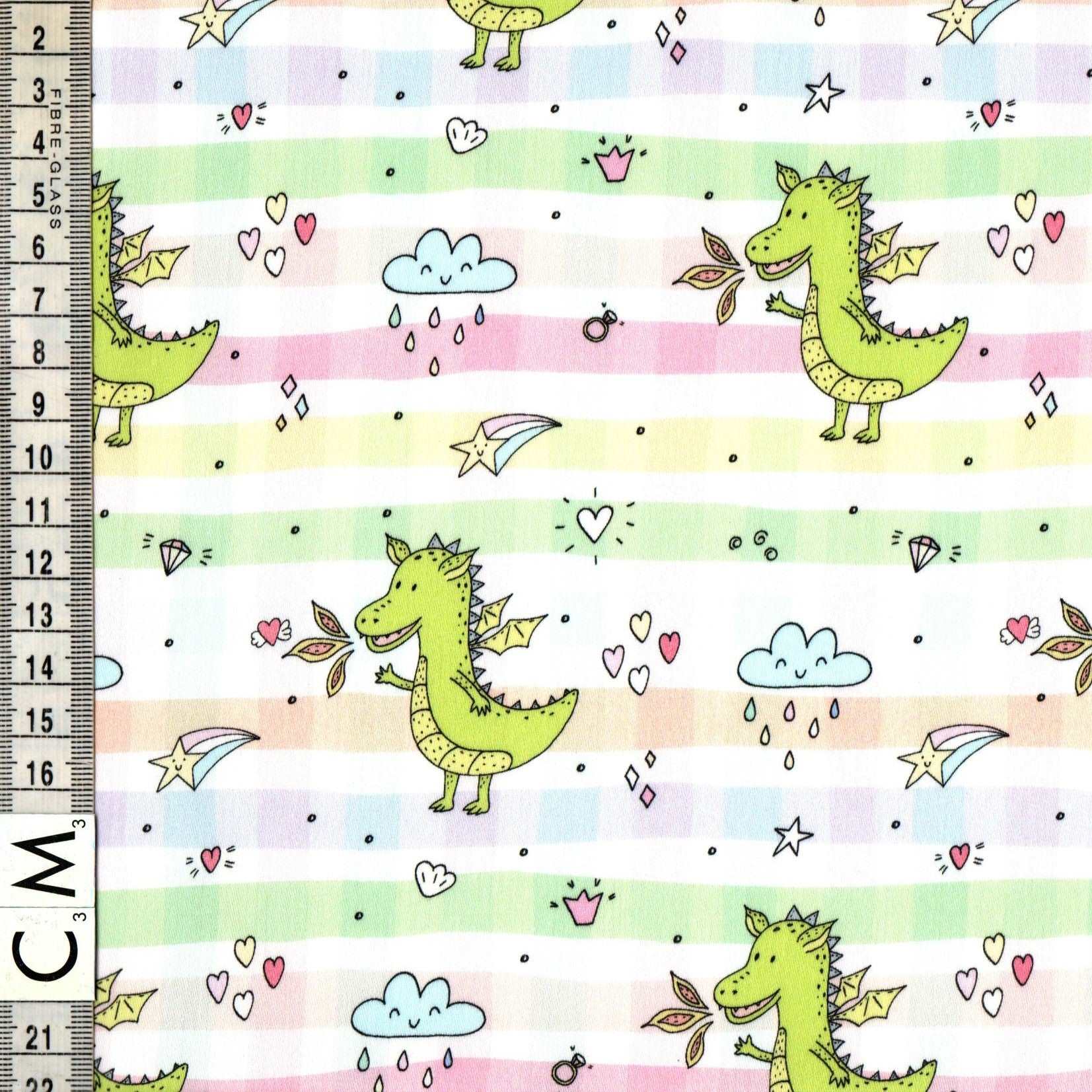 Quirky Cottons Cute Dragons Fire Check Stars Clouds Multi-Coloured Remnant (35cm x 156cm QC Baby Dragons)