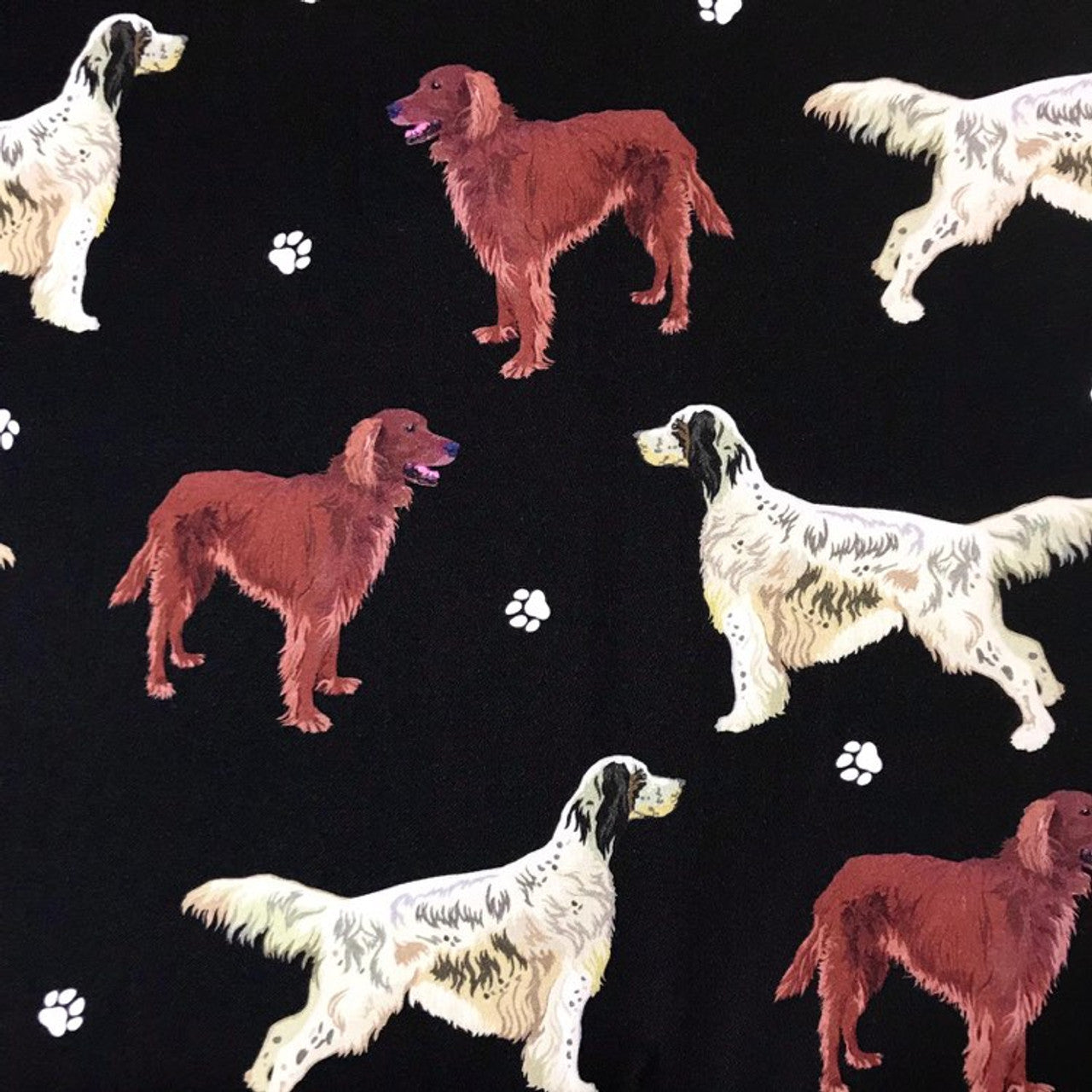 Quirky Cottons Medium Gun Dog Long Haired Setter Breed Paw Prints Black Remnant (49cm x 156cm QC English Setter)
