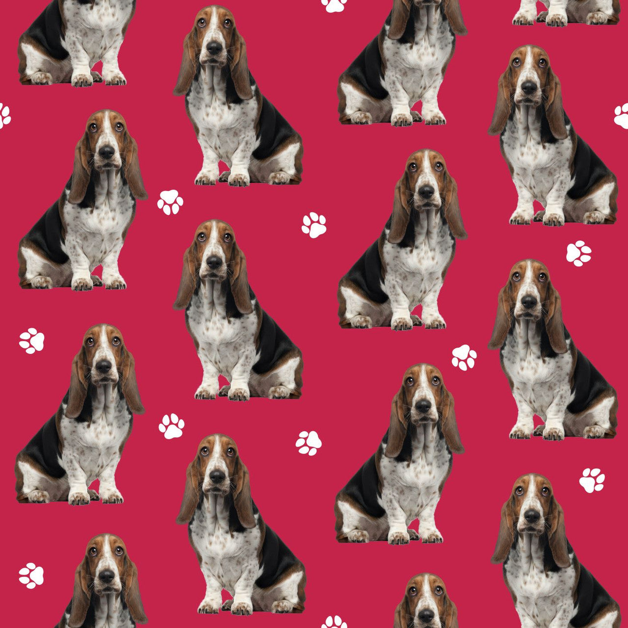 Quirky Cottons Hunting French Hound Dog Breed Paw Prints Red Remnant (49cm x 156cm QC Basset Hound)