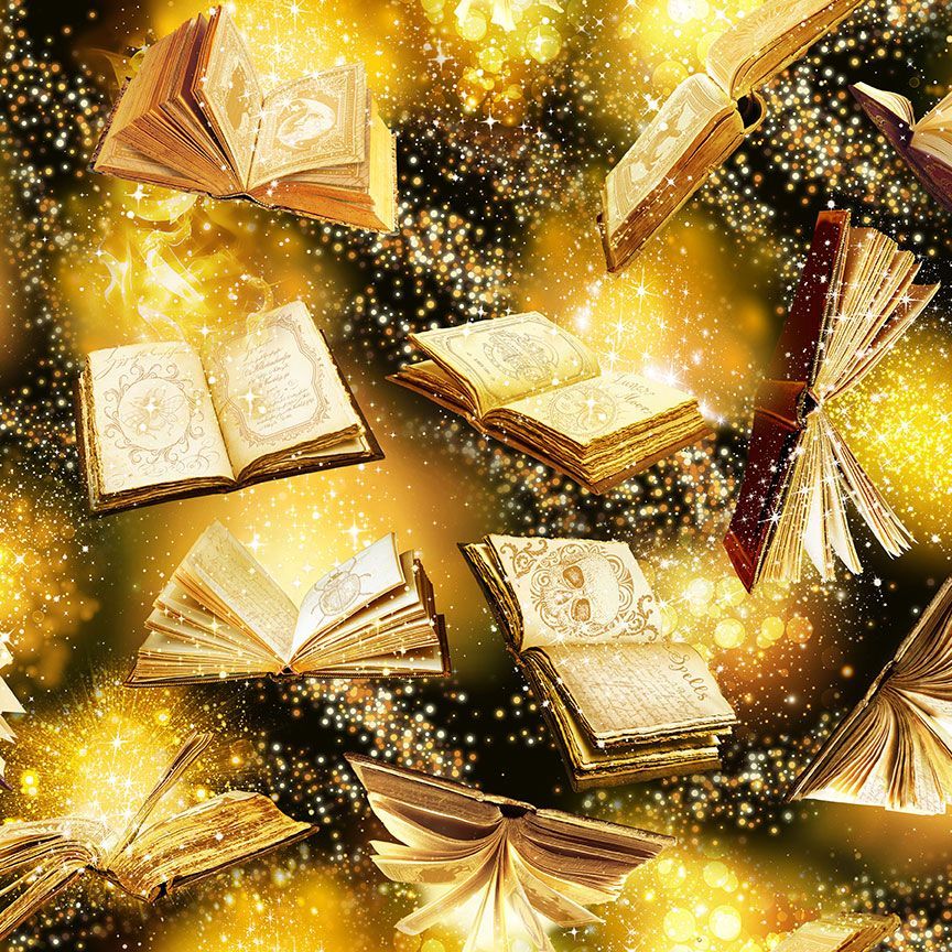Timeless Treasures Magic Flying Spell Books Gold Remnant (32cm x 112cm TT Mystic Library 2)