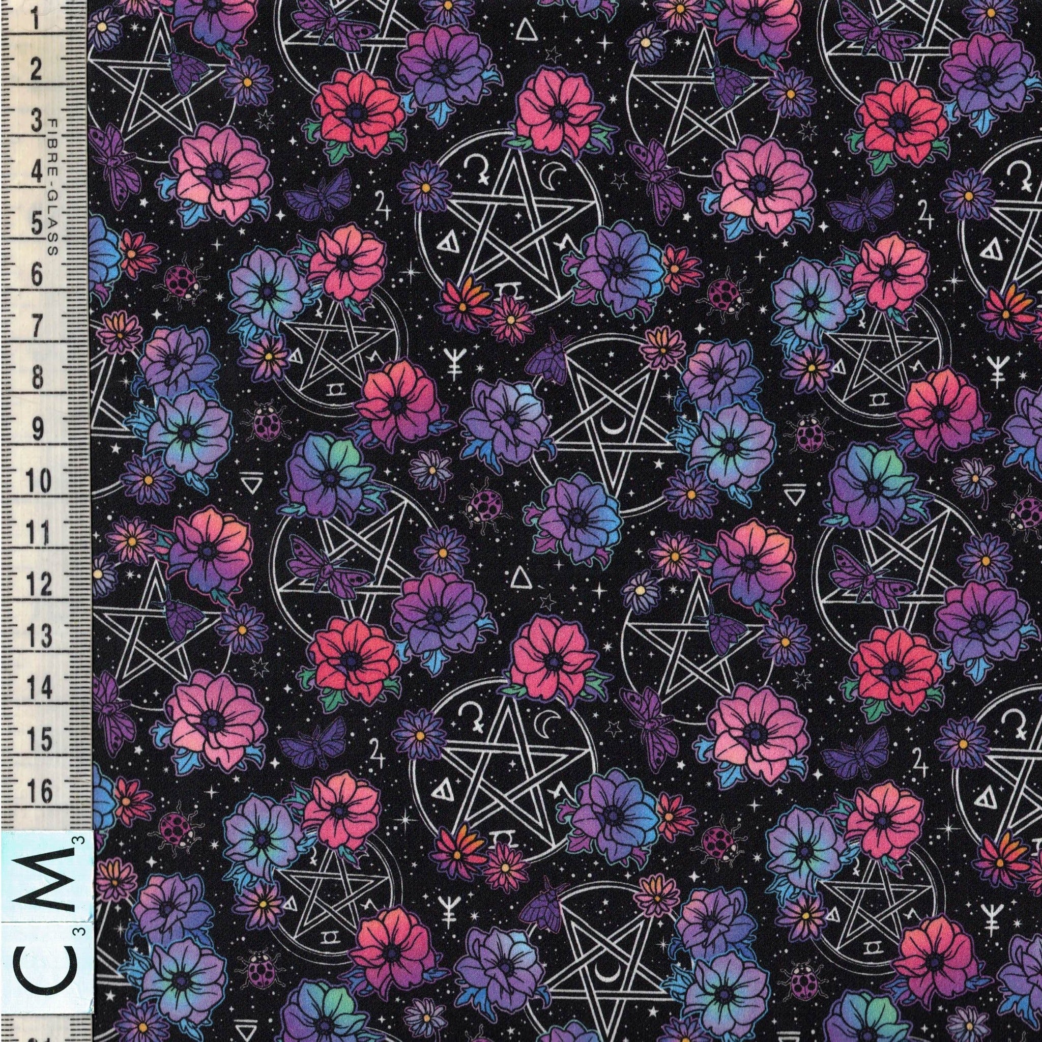 PREORDER Quirky Cottons Floral Pentagram Magical Symbols Stars Flowers Black (PREORDER QC Magic)