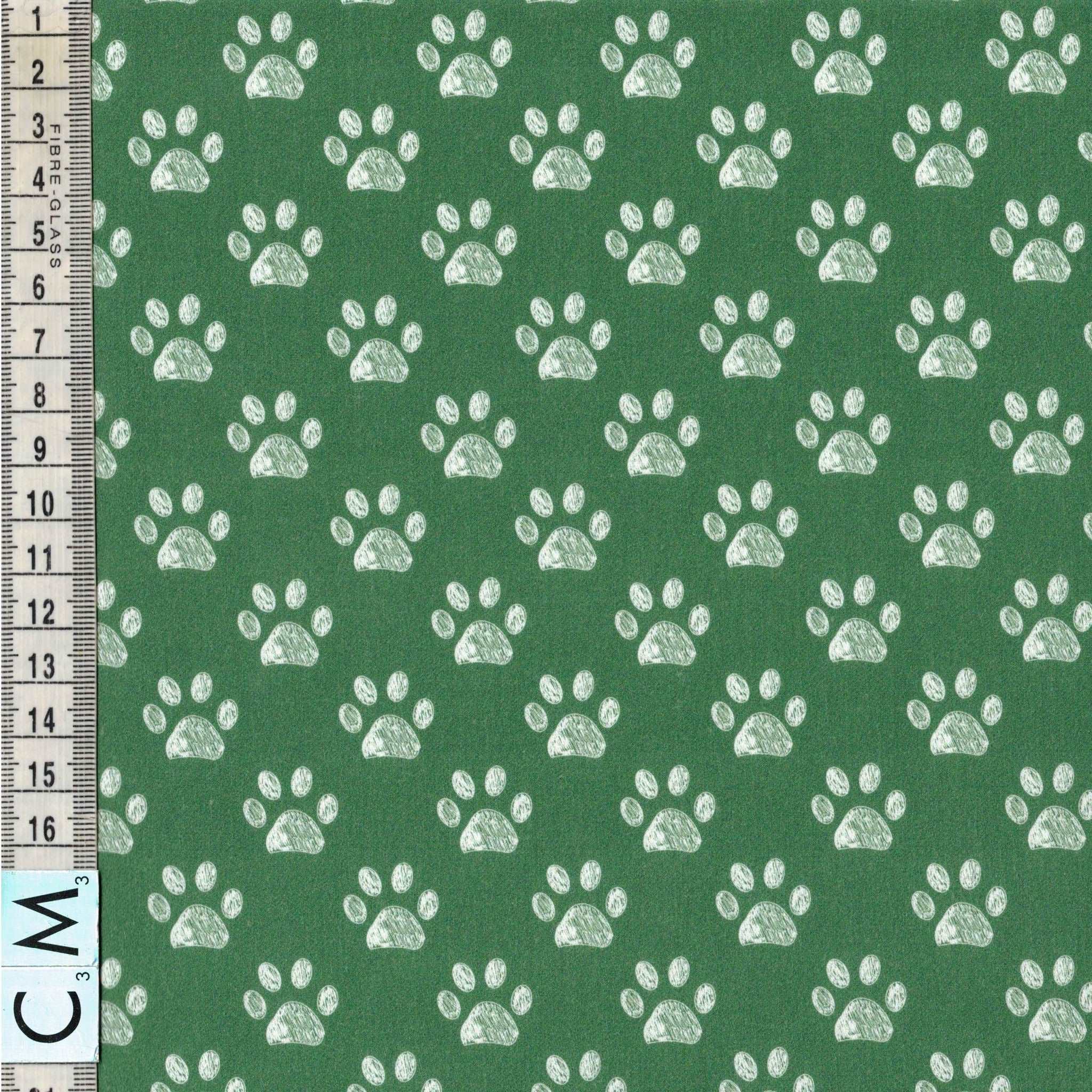 Quirky Cottons White Dog Animal Paw Prints Pattern Green (QC Doodle Paws- 1 METRE PIECE)