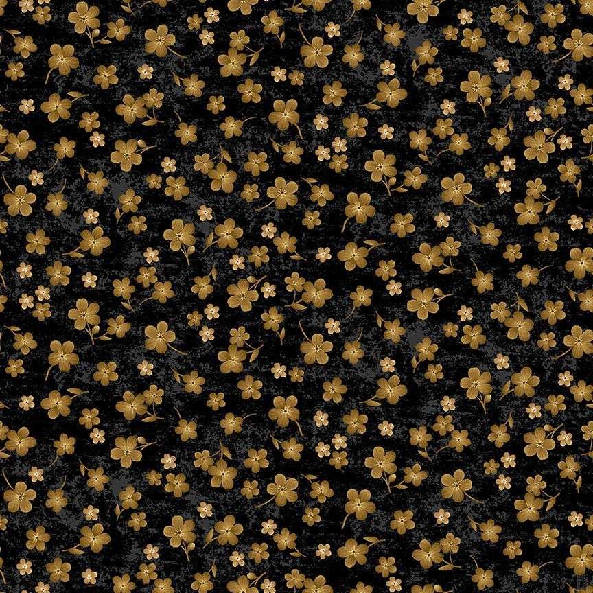 Timeless Treasures Tossed Gold Geranium Floral Flowers Nature Black (TT Scarlet Beauty 3)