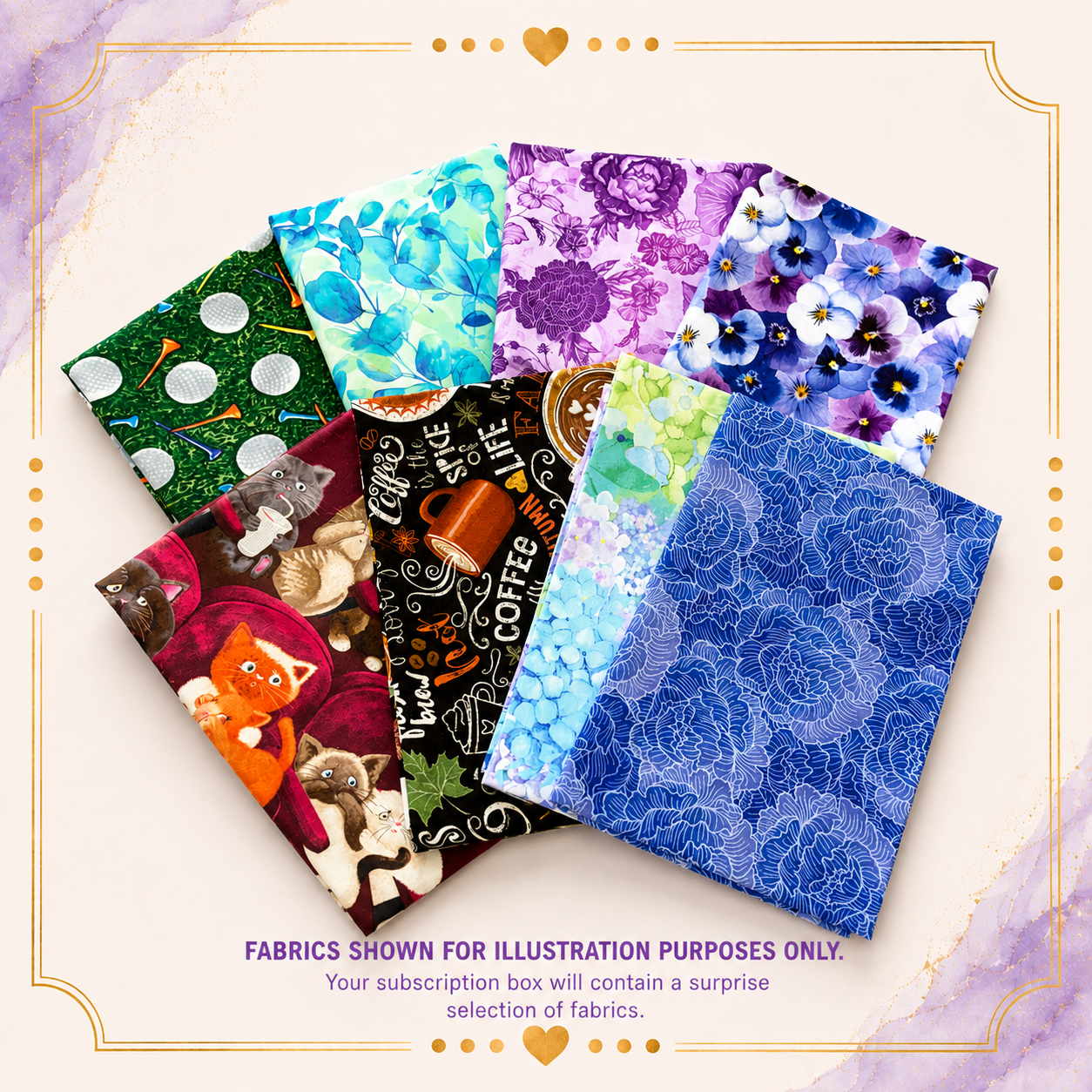 A fan arrangement of eight fabric samples with various colorful patterns, including floral, geometric, and animal prints, set against a light cream background with a decorative gold border and text stating 'FABRICS SHOWN FOR ILLUSTRATION PURPOSES ONLY'.