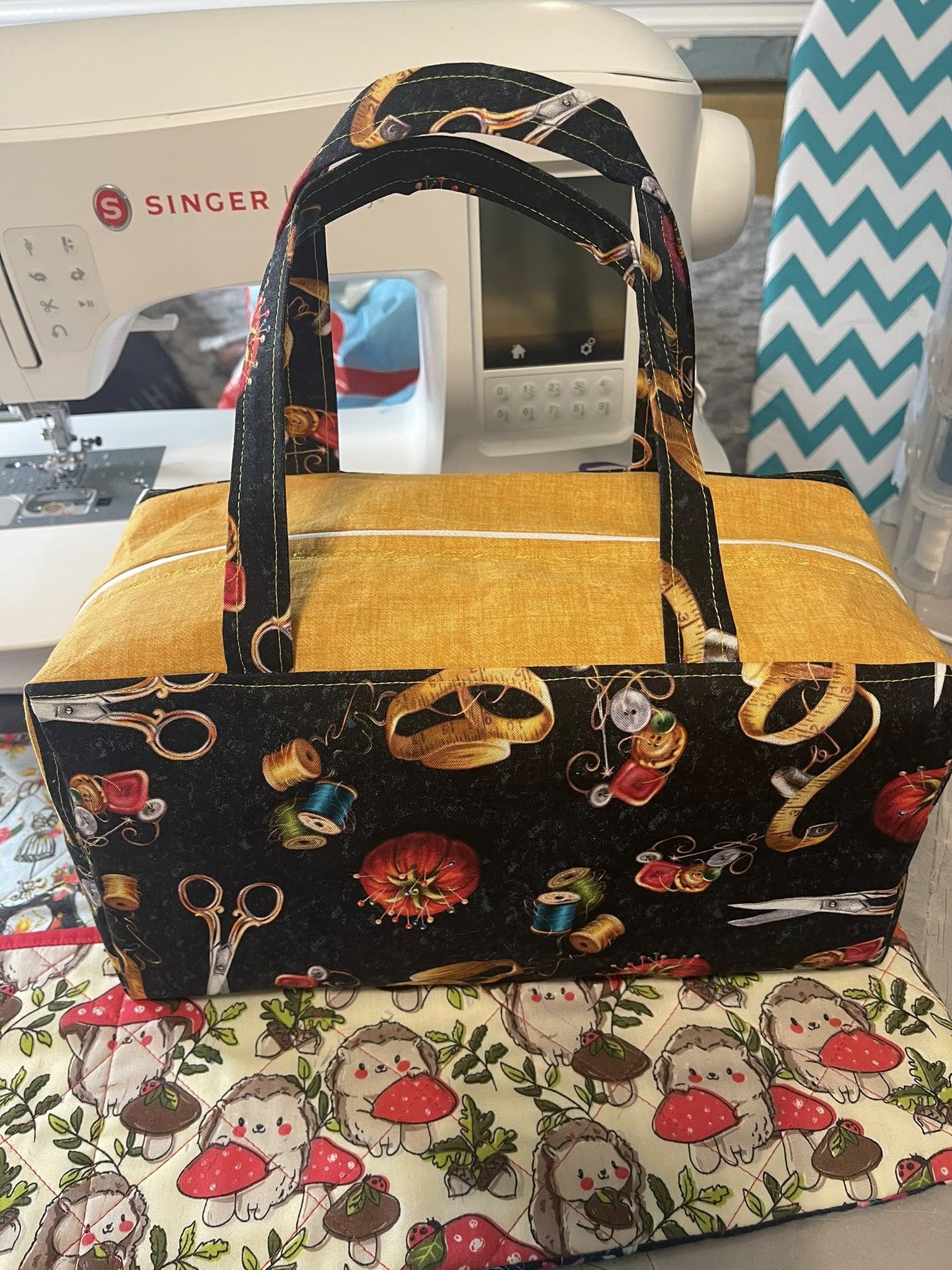 Timeless Treasures Packed Sewing Tools Hobby Scissors Tape Measure Thread Black (TT Sew Far So Good 1)