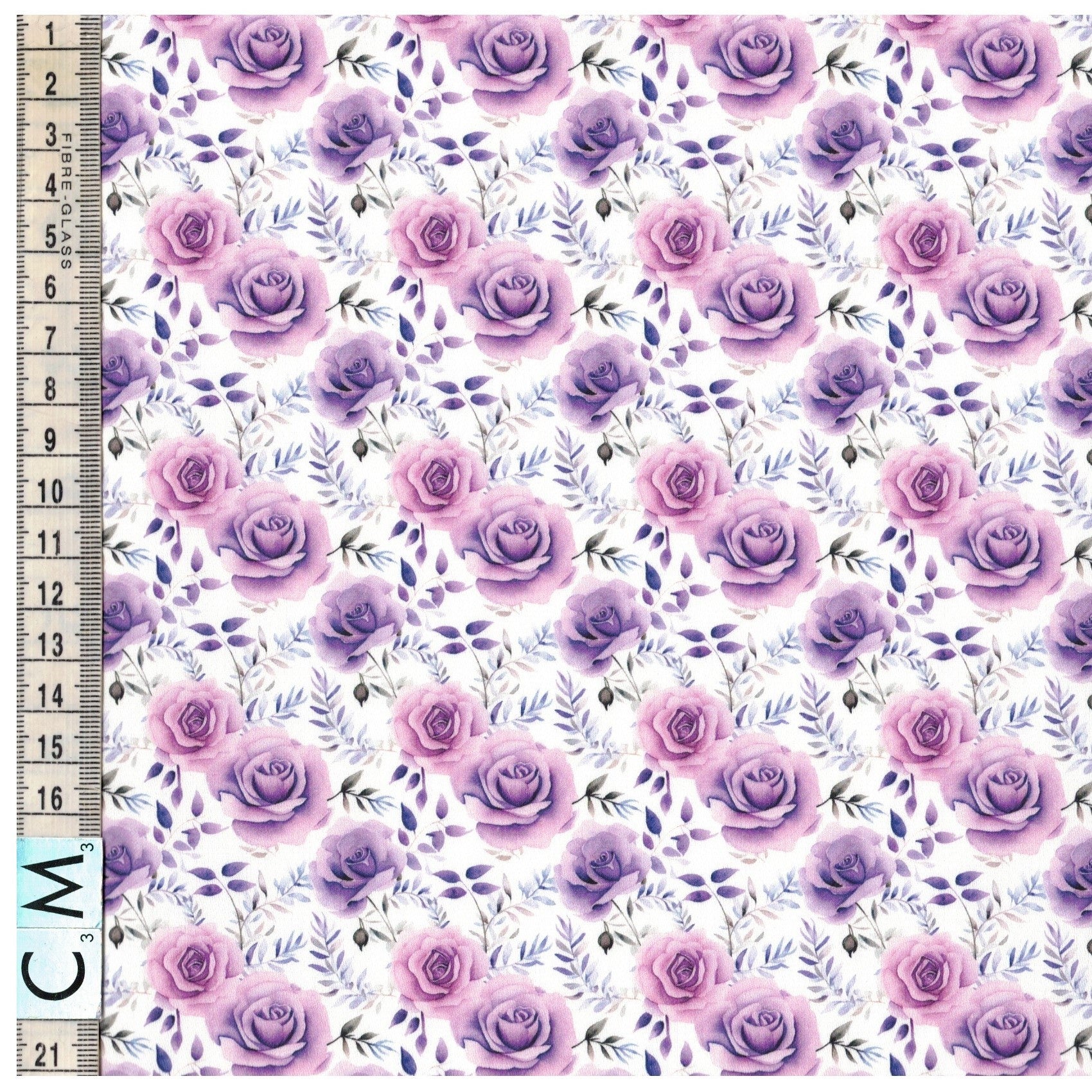 Floral pattern with purple and pink roses on a white background, with a ruler for scale.