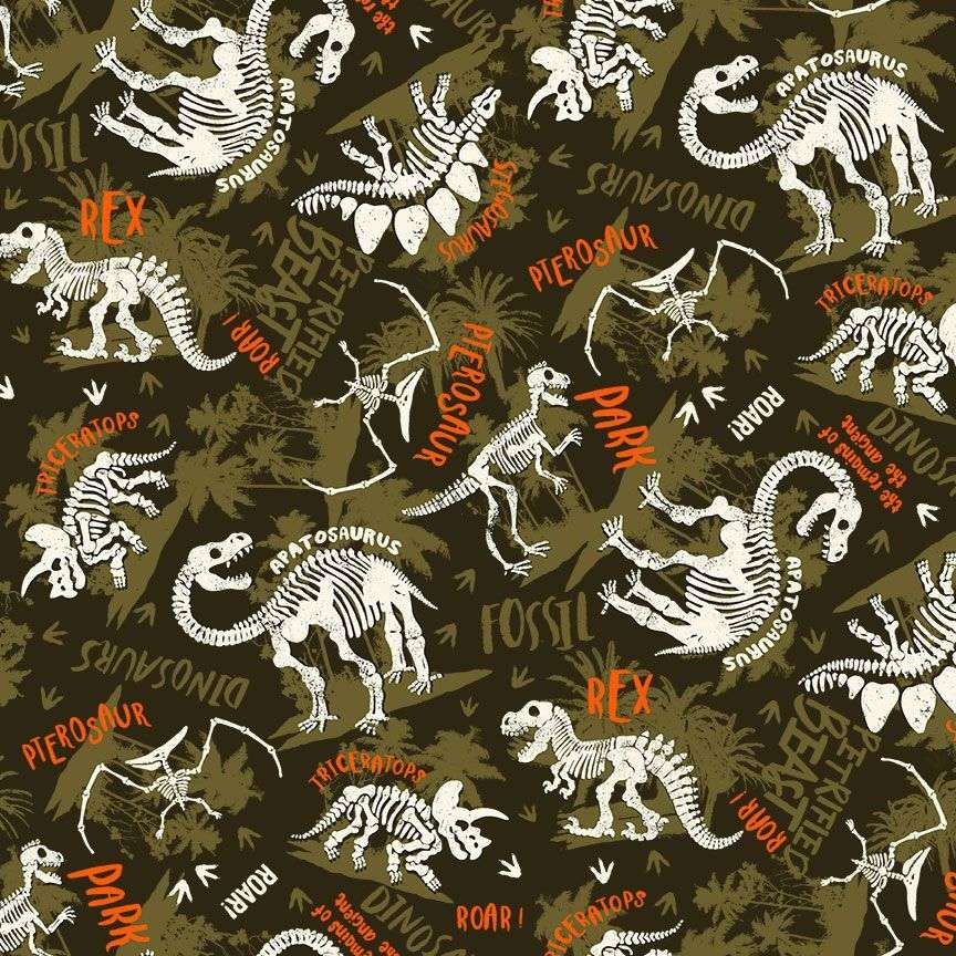 Timeless Treasures Prehistoric Animals Extinct Dinosaurs Skeletons Names Childrens Camo Green (TT Dinosaurs 1)