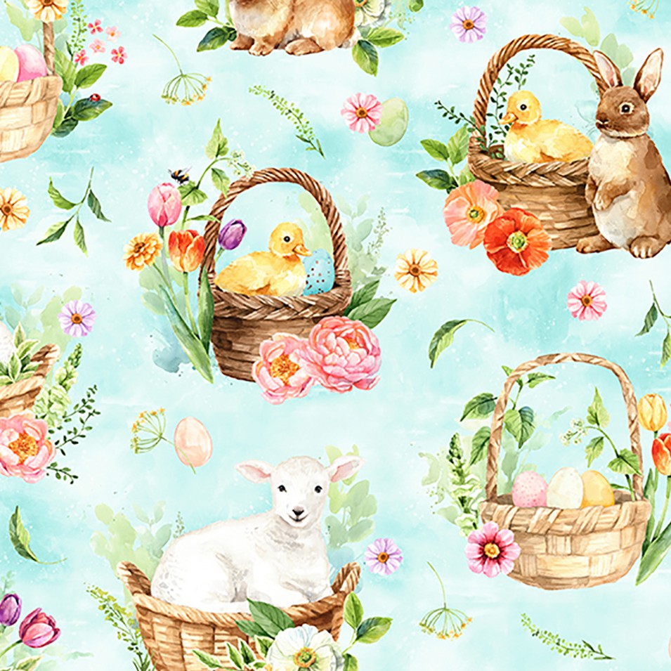 Hoffman Easter Wonder Chicks Bunnies Lambs Basket Aqua Remnant (61cm x 112cm Hoff Easter Wonder 1) (Copy)