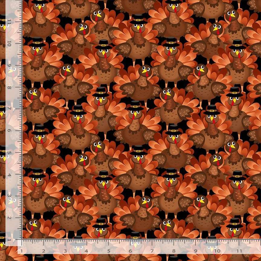 Timeless Treasures Packed Pilgrim Turkeys In Hats Animal Thanksgiving Autumn Harvest Black (TT Fall Festival 1)
