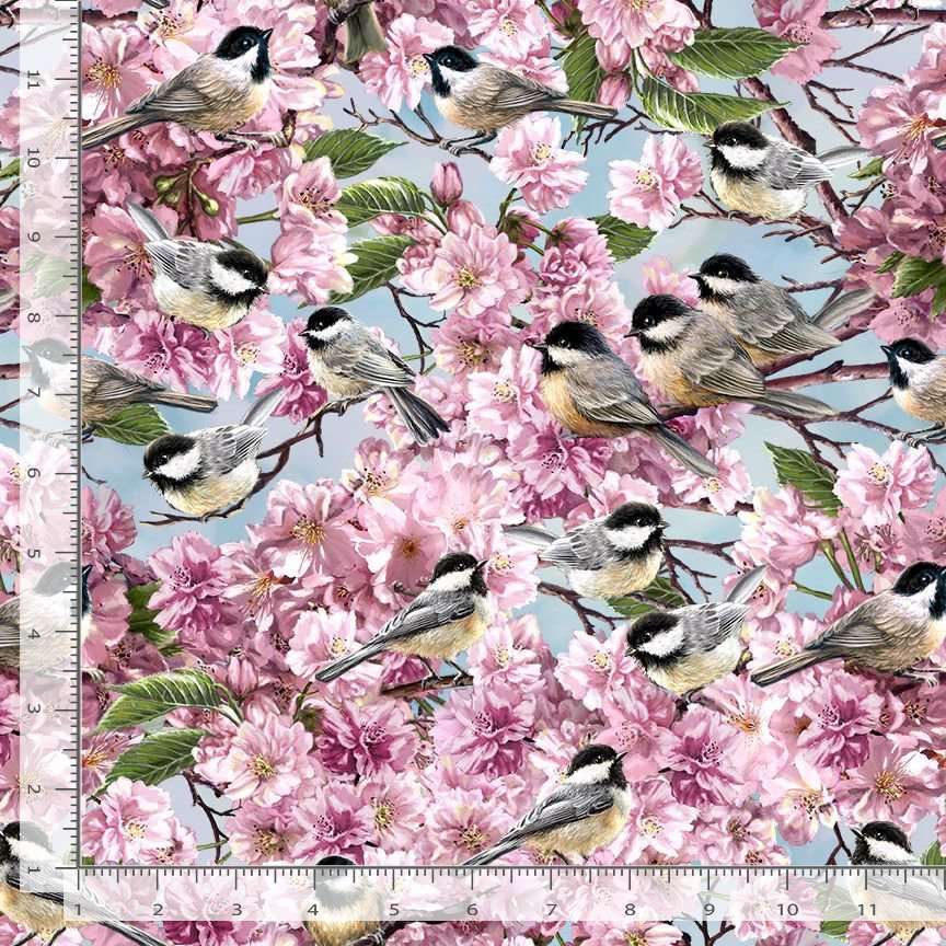 Timeless Treasures Chickadee Bird On Blossom Tree Animal Nature Flowers Blue (TT Chickadee 1)