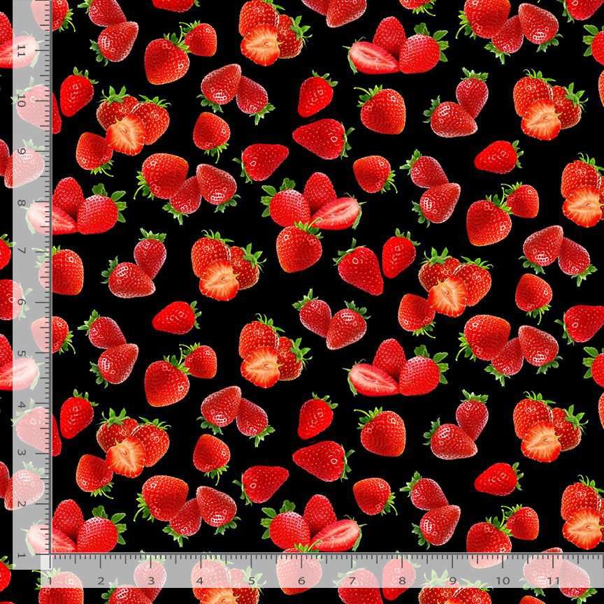 Timeless Treasures 100% Cotton Fabric Juicy Bright Red Strawberries Fruit Black (TT Rendezvous 3)
