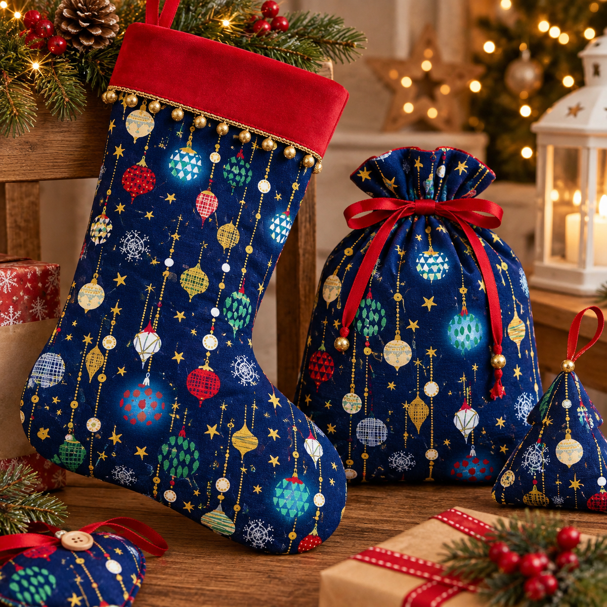 P & B Textiles TTRE 6310 N Turnowsky Treasures Festive Holiday Hanging Baubles Decorations Blue Christmas Quilting 100% Cotton Fabric for Sewing & Crafts (PB Turnowsky Treasures 7)