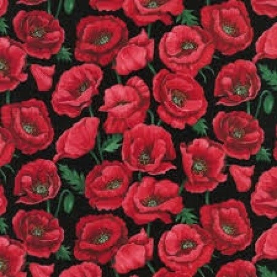 Nutex 80060 Colour 5 Poppies Remembrance Poppy Floral Black 100% Cotton Fabric For Sewing & Crafts (Nutex Poppies 2)