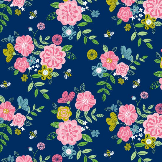 Nutex Pretty Florals Flowers Bouquet Bees Nature Navy (Wildflower Honey 1)