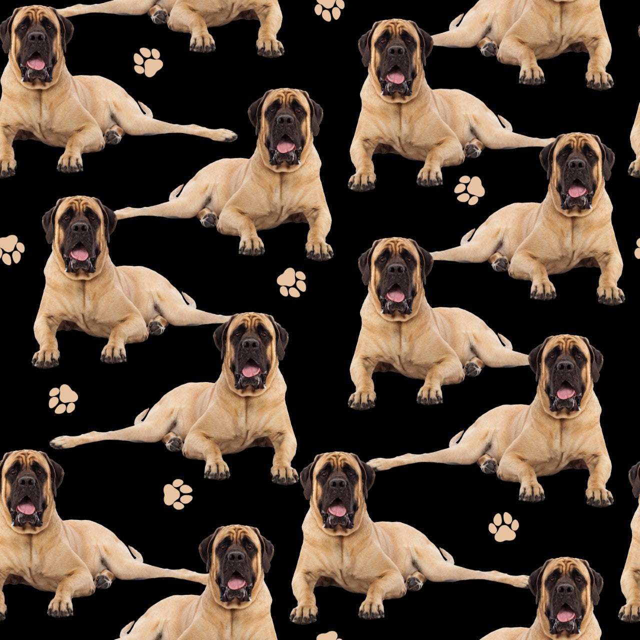 Quirky Cottons Powerful Loyal Mastiff Dog Breed Paw Prints Black (QC English Bull Mastiff- 1 METRE PIECE)