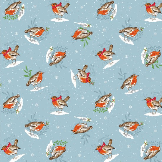 Nutex 81370 Colour 1 Winter Wonderland Cosy Charming Red Robin Christmas Festive Blue 100% Cotton Fabric For Sewing & Crafts (Nutex Wonderland 1)
