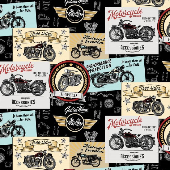 Nutex Motorcycle Hobby Bike Retro Vintage Text Graphics Montage Multi-Coloured Remnant (22cm x 112cm Live To Ride 2)
