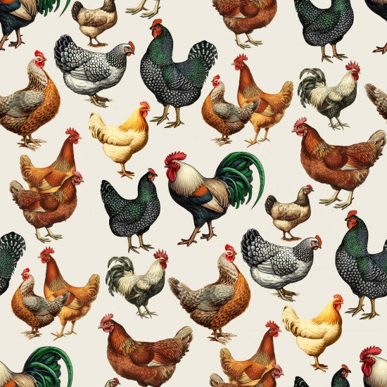 Nutex 81910 Colour 3 Farmyard Scene Chickens & Cockerel Animal Cream 100% Cotton Fabric For Sewing & Crafts (Nutex Farmyard 1)