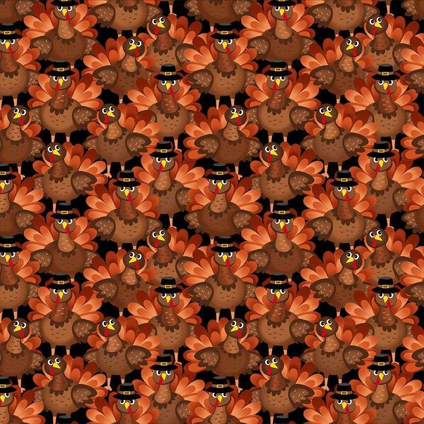 Timeless Treasures Packed Pilgrim Turkeys In Hats Animal Thanksgiving Autumn Harvest Black (TT Fall Festival 1)