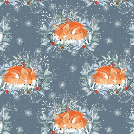 Nutex 82250 Colour 1 Snowy Fox Sleeping Fox Wildlife Winter Grey Festive 100% Cotton Fabric For Sewing & Crafts (Nutex Snowy Fox 1)