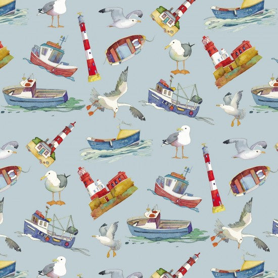Nutex 82290 Coastal By Emma Ball Colour 102 Coastal Whimsical Seaside Blue 100% Cotton Fabric For Sewing & Crafts (Nutex Coastal 2)
