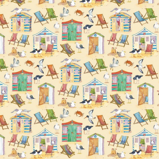 Nutex 82290 Coastal By Emma Ball Colour 103 Whimsical Seaside Beach Huts Beige/Sand 100% Cotton Fabric For Sewing & Crafts (Nutex Coastal 3)