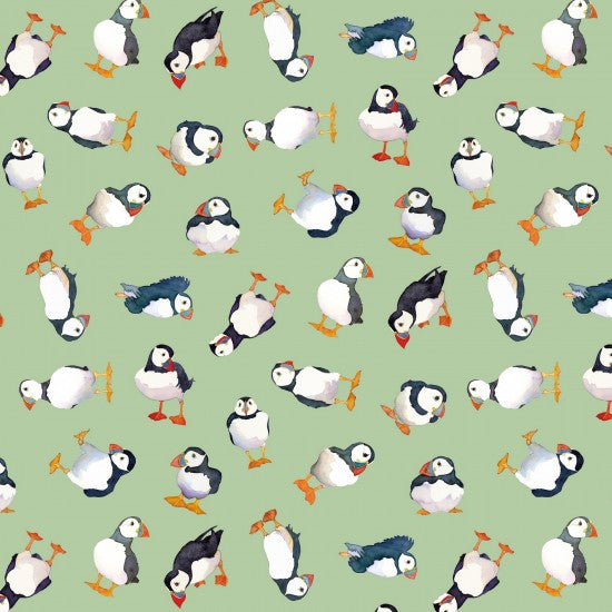 Nutex 82290 Coastal By Emma Ball Colour 104 Fun Whimsical Seaside Puffin Sage Green 100% Cotton Fabric For Sewing & Crafts (Nutex Coastal 4)