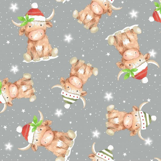 Nutex 82360 Colour 1 Highland Cows Tossed Christmas Festive Grey 100% Cotton Fabric For Sewing & Crafts (Nutex Highlands & Robins 1)