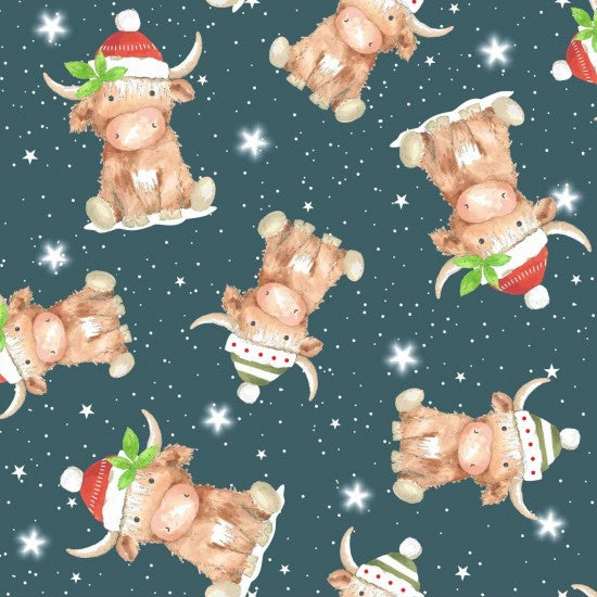 Nutex 82360 Colour 2 Highland Cows Tossed Christmas Festive Teal 100% Cotton Fabric For Sewing & Crafts (Nutex Highlands & Robins 2)