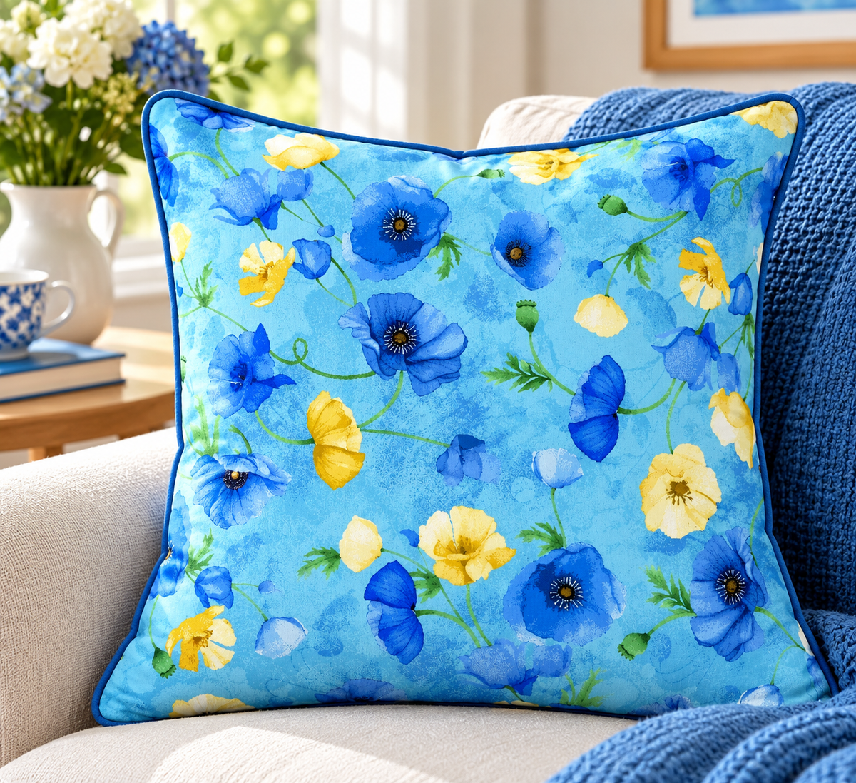 Timeless Treasures POPPY CD4163 SKY Floating Poppies Watercolour Floral Blue 100% Cotton Fabric | Quilting, Dressmaking & Craft Fabric (TT Poppy Serenade 4)