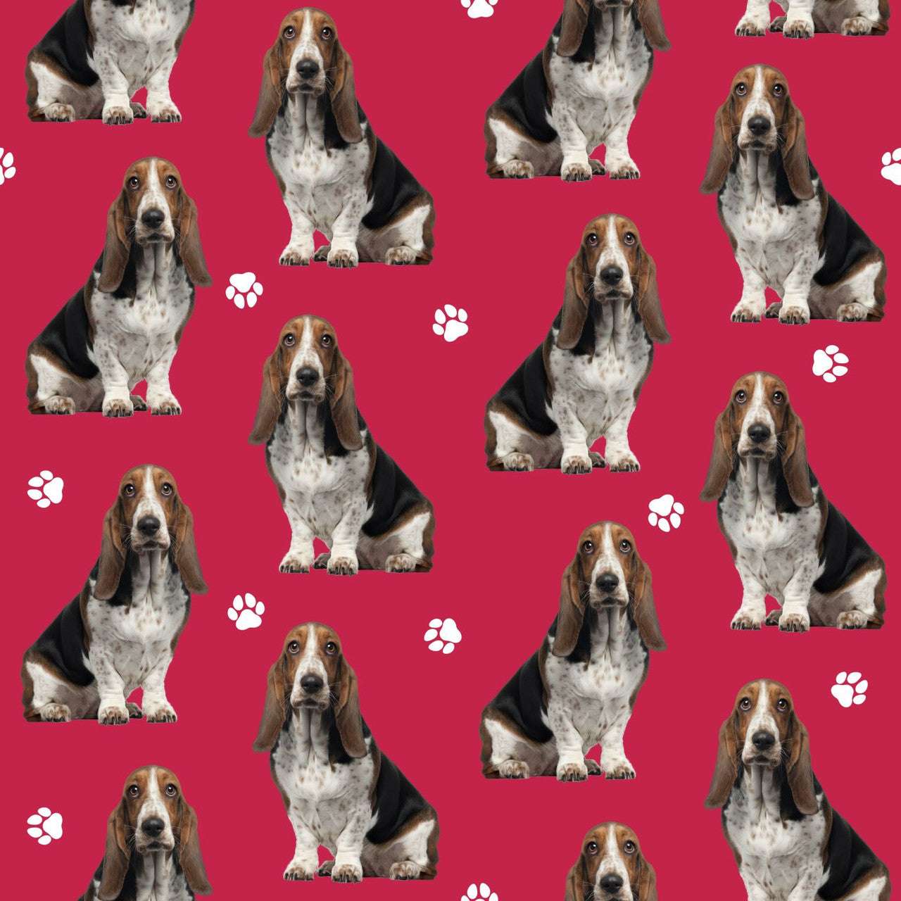 Quirky Cottons Hunting French Hound Dog Breed Paw Prints Red (QC Basset Hound- 1 METRE PIECE)
