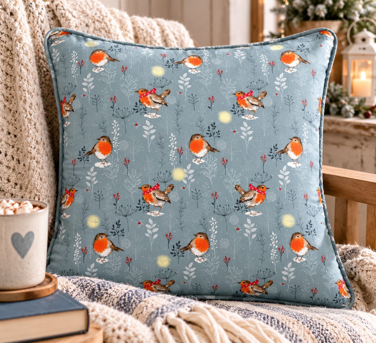 Nutex 80970 Colour 2 Winter Moon Red Robin Christmas Festive Winter Grey 100% Cotton Fabric For Sewing & Crafts (Nutex Winter Moon 2)