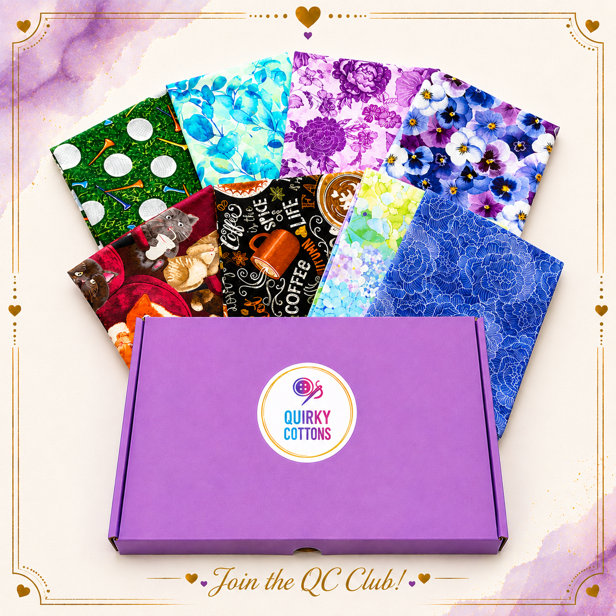 A purple Quirky Cottons box is shown in front of several colorful patterned cotton fabrics fanned out behind it on a light cream background with decorative gold border graphics and the text 'Join the QC Club!'.