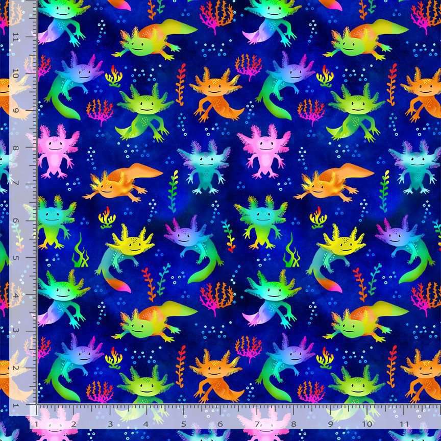 Timeless Treasures 100% Cotton Fabric Cute Bright Axolotl Salamanders Amphibian Blue (TT Ocean Life 6)