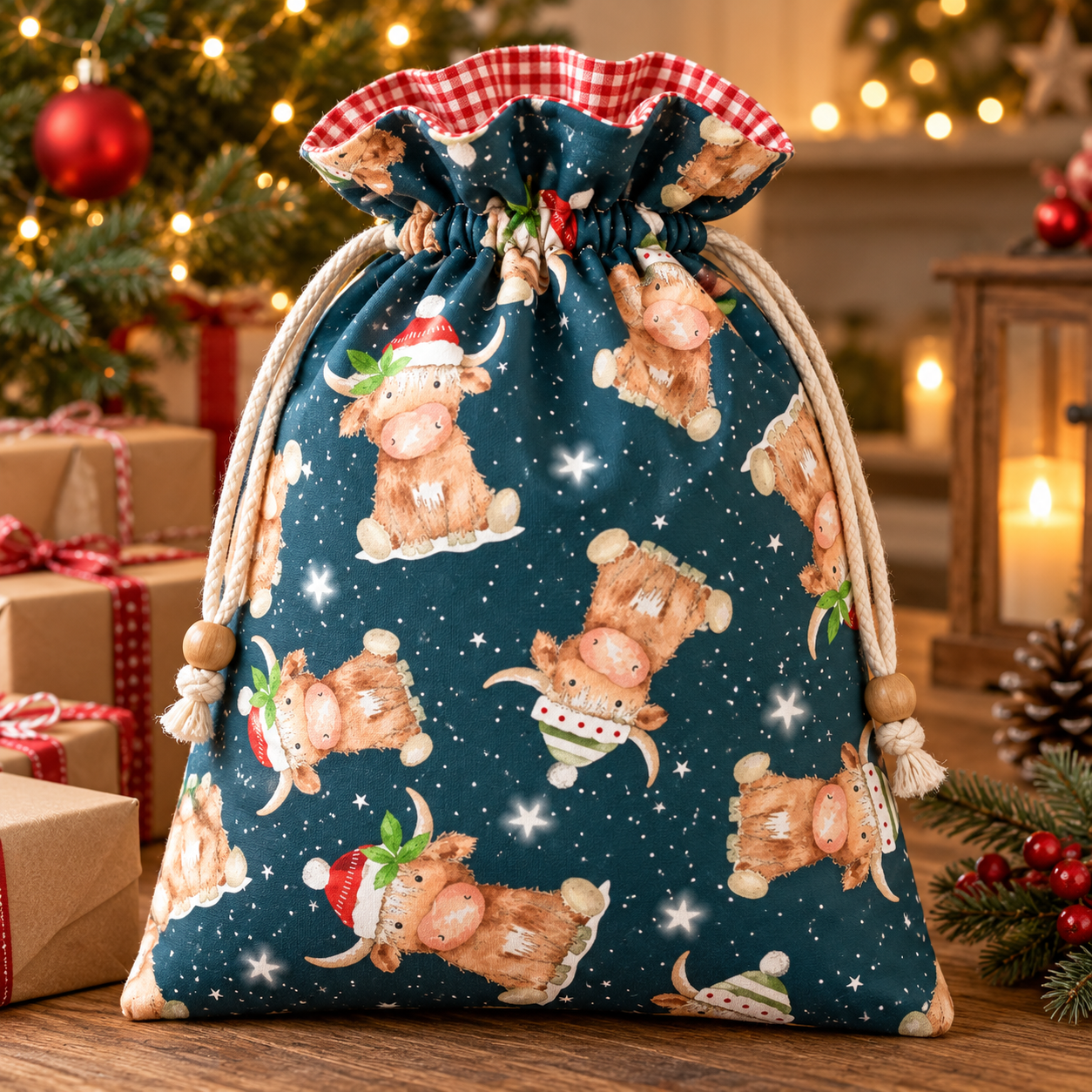 Nutex 82360 Colour 2 Highland Cows Tossed Christmas Festive Teal 100% Cotton Fabric For Sewing & Crafts (Nutex Highlands & Robins 2)